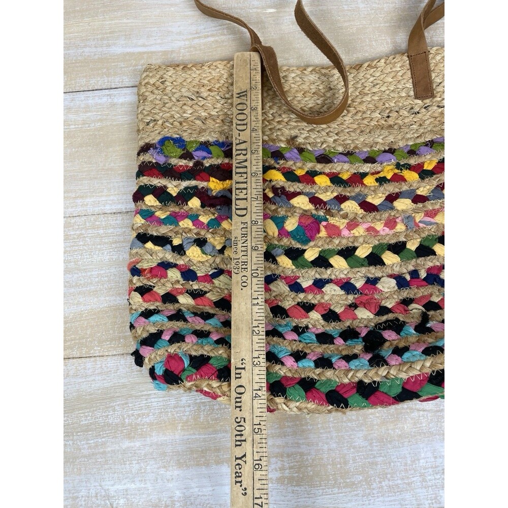 Jute Ethnic Colorful Hand Tote Bag w/ Leather Straps - Picture 6 of 9